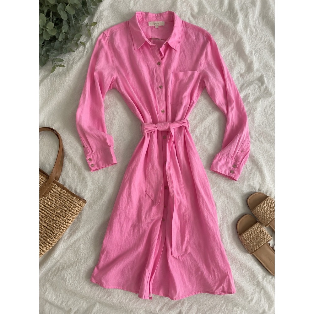 LOFT Pink Linen Blend Maxi Shirt Dress Long Sleeve Belted Size 14